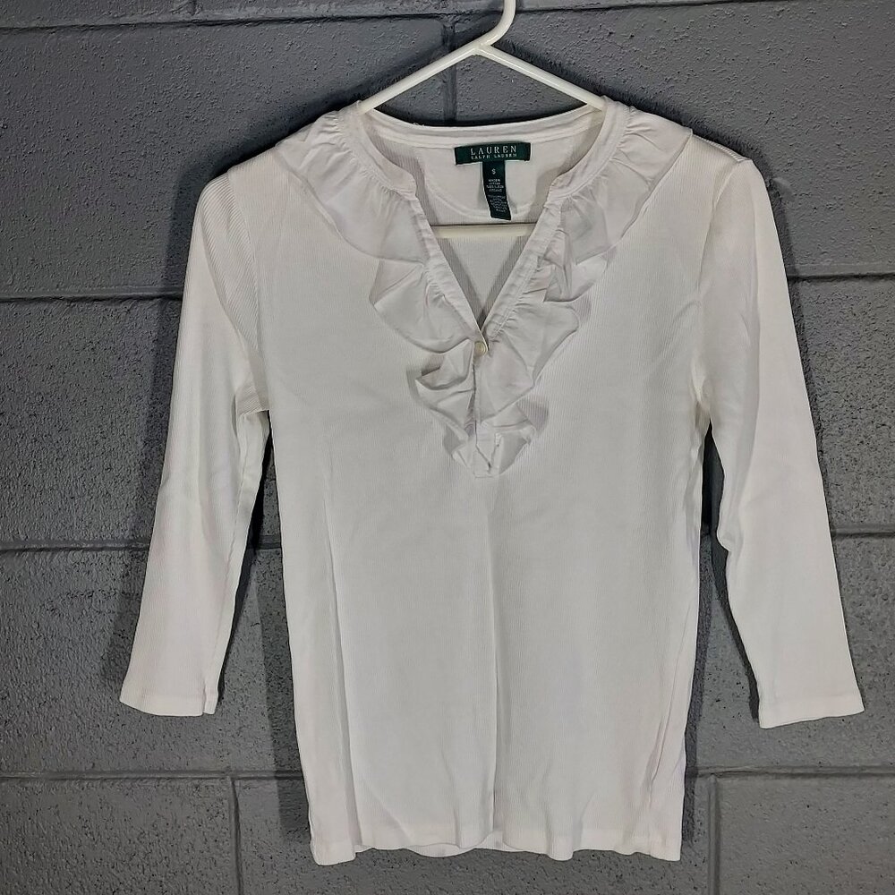 Lauren by Ralph Lauren - White - 3/4 Sleeve Ribbed Ruffled - Small